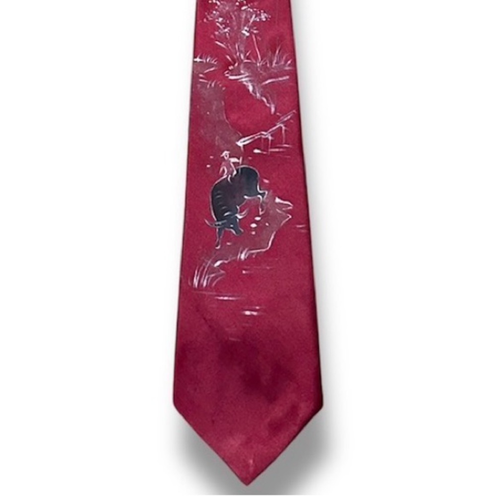 Vintage 90s Red Silk Tie Hand-Painted Asian Bull Rider Scene Necktie 54”
